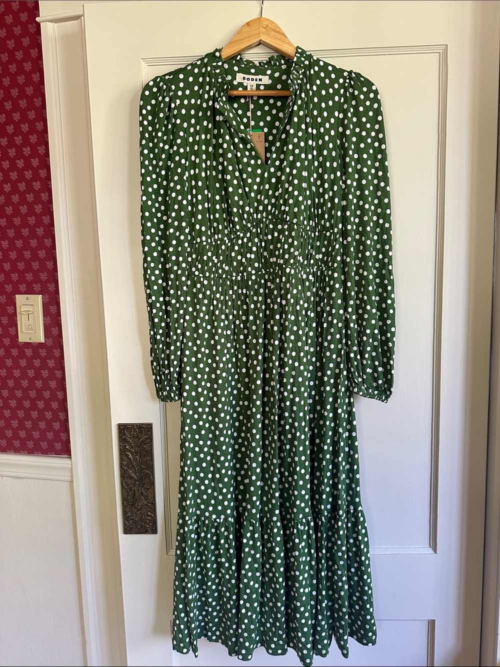 Boden Green and White Polka Dot Long Sleeve Midi Dress